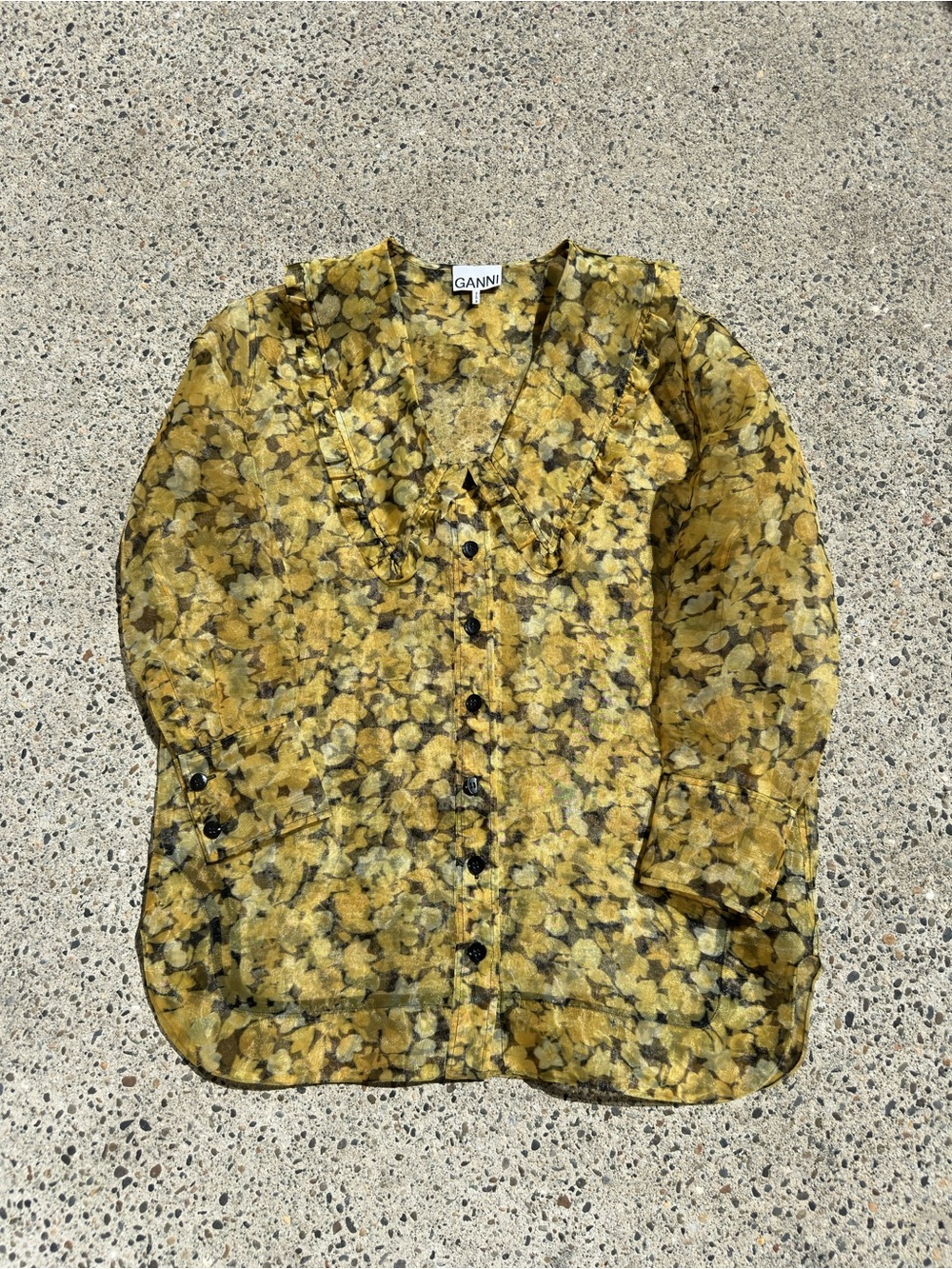 Ganni Yellow Floral Ruffle Button Blouse